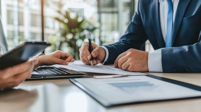 A businessman applies for a business loan at a bank. A financial advisor provides advice and helps prepare documents."