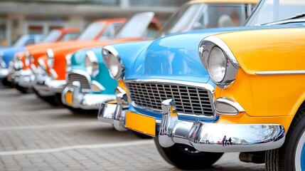 Obraz premium A vibrant row of classic cars in various colors, showcasing vintage design and gleaming chrome details.