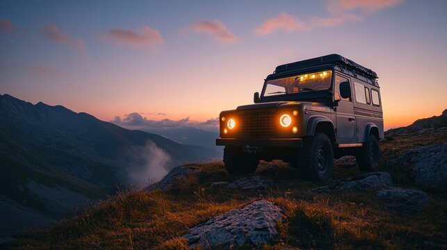 Off-roader parked on a hillside at dusk, LED headlights illuminate for safe driving in rough terrain and nature adventures."