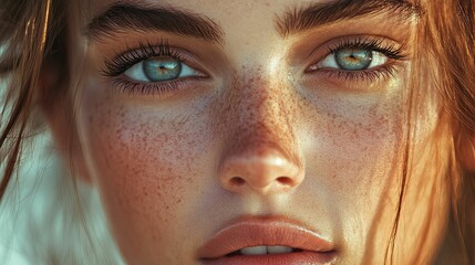 Fototapeta premium Close-up Portrait of a Woman with Freckles and Blue Eyes