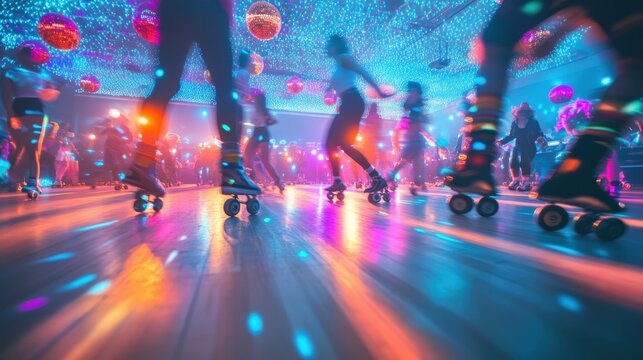 A vintage roller rink, with bright colorful lights, disco balls