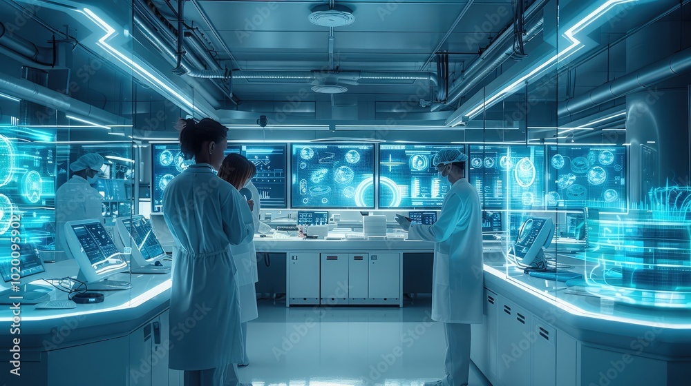 Aufkleber A futuristic laboratory filled with scientists analyzing holographic data screens and advanced technology.