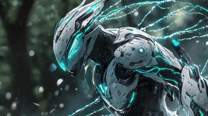 A scifi reimagining of a Thai mythical creature, with robotic armor and glowing energy lines