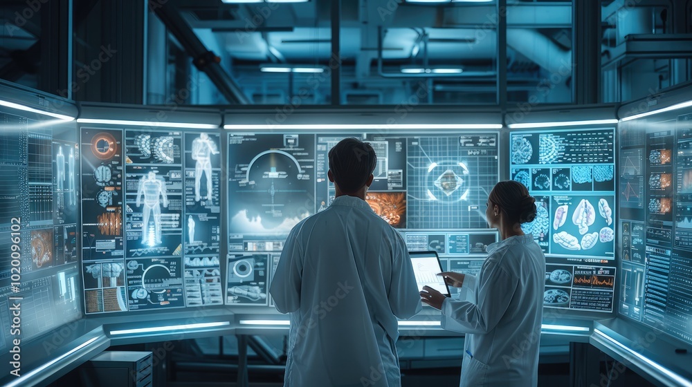 Poster A futuristic laboratory filled with scientists analyzing holographic data screens and advanced technology.