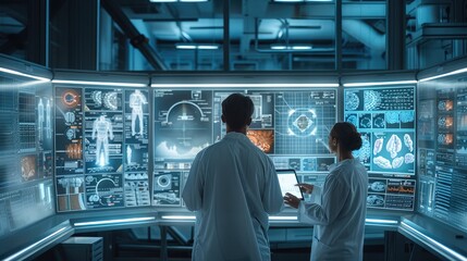 A futuristic laboratory filled with scientists analyzing holographic data screens and advanced technology.