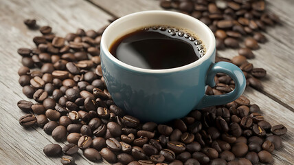 Fototapeta premium A blue cup filled with black coffee on a wooden surface and coffee beans scattered around the cup. 