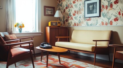 A vintage-inspired living room, with mid-century modern furniture, a rotary phone