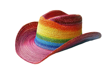 Colorful rainbow straw cowboy hat displayed on a white isolated background.
