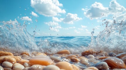 Waves Crashing Over Smooth Pebbles on a Sunny Beach