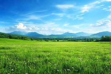 Obraz premium A serene depiction of a lush green meadow with a clear blue sky and distant mountains in the background