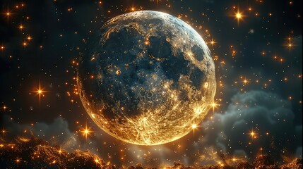 A vintage gold moon and stars hanging delicately in a dark, starry sky, with intricate filigree patterns etched into the celestial bodies, the moon casting a soft, warm golden glow over everything.