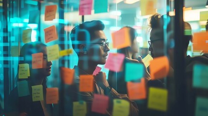 Diverse business team collaborating with sticky notes on glass office wall during strategy planning meeting