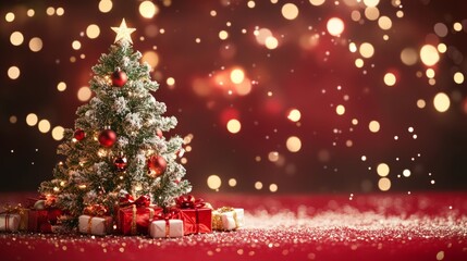 Festive christmas background with sparkling bokeh lights and decorated xmas tree on red canvas, perfect for merry christmas cards, winter holiday themes, and new year celebrations with space for text 