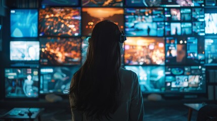 Video wall with a variety of multimedia content, including news, movies, and sports, surrounding a woman in a modern living room