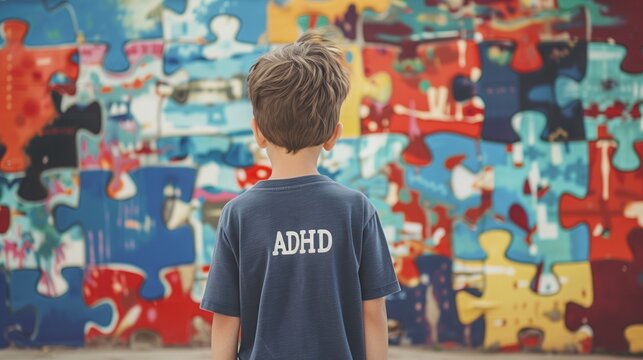 Child wearing an ADHD T-shirt, gazing thoughtfully at a puzzle-covered wall, symbolizing the challenges and complexities of ADHD.