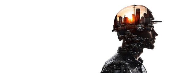 Double exposure of an engineer wearing a helmet and a cityscape, symbolizing the future in the construction industry