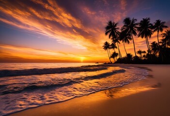 stunning vibrant sunset over tranquil tropical beach reflecting golden hues calm waves silhouetted palm trees, ocean, horizon, clouds, colors, sea, shore, sand
