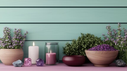 Fototapeta premium Lavender Candles and Crystals on Wooden Shelf with Pink Background