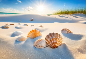 vibrant seashells scattered among soft white sand pristine shoreline under clear blue sky, beach, coast, ocean, horizon, wave, landscape, marine, tropical