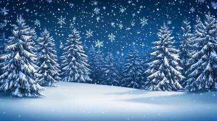 Fototapeta premium A serene winter landscape featuring snow-covered trees under a blue sky with falling snowflakes, creating a peaceful and picturesque scene.
