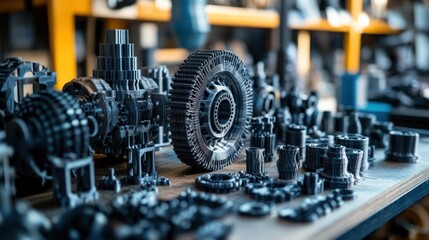 Fototapeta premium A close-up of 3D-printed car engine parts on a workbench, demonstrating the intricate designs and precision made possible by modern technology.