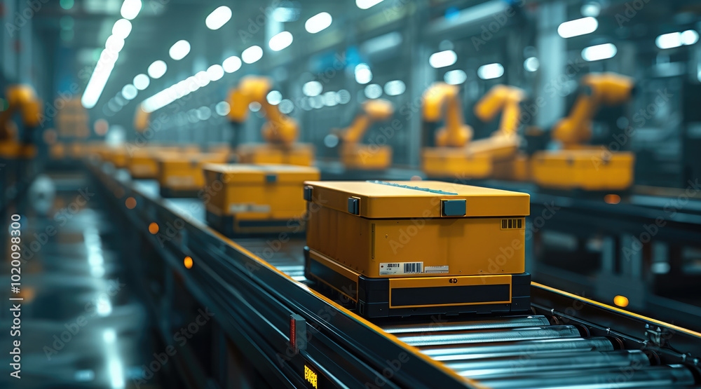 Leinwandbilder smart warehouse production with automated packaging robots sorting and boxing products.