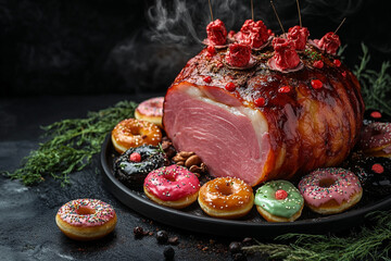 Baked Ham, Vegetables and Donuts Christmas Food