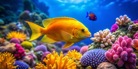 Fototapeta premium Vibrant Yellow Fish Swimming Among Colorful Corals in a Clear Blue Ocean Environment Full of Bubbles