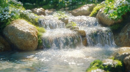 Fototapeta premium Cascading Water Over Rocks and Lush Greenery