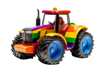 Colorful toy tractor with a vibrant rainbow design, perfect for children's playtime and imagination.