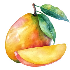 vibrant watercolor illustration of ripe mango with slice beside it, showcasing its rich colors and natural beauty. leaves add fresh touch to this delightful fruit transparent background