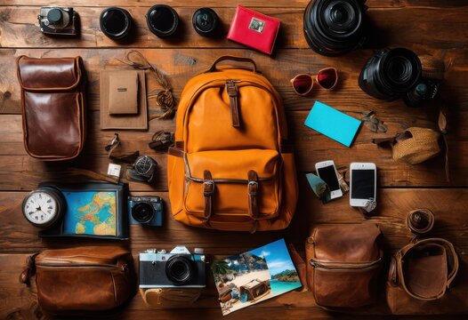 vibrant travel essentials flat lay composition featuring colorful travel gear arranged eye catching display, backpack, bags, gadgets, accessories, suitcase - Powered by Adobe