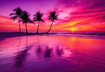 Obraz premium tropical beach paradise featuring vibrant sunset silhouetted palm trees colorful sky, silhouettes, ocean, horizon, scenery, landscape, sunlight, island