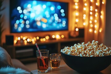 A stylish cinema setup with popcorn and drinks on a coffee table. Warm inviting light. Movie night background.