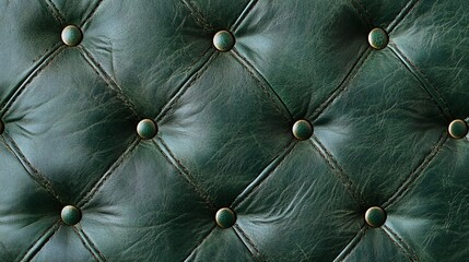 Fototapeta premium Close-up view of an elegant green leather tufted surface, showcasing detailed stitching and buttons, suitable for interior design inspirations.