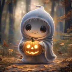 A cute ghost character in a cozy white cloak holds a carved pumpkin amidst a serene autumn forest, evoking Halloween vibes and seasonal charm.
