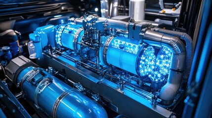 A view of the engine compartment of a hydrogen truck, demonstrating innovative clean energy propulsion technology in the transportation industry."