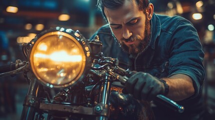 Installing a new headlight on a restored motorcycle. The mechanic checks the electrical system to ensure it works at its best."