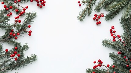 Christmas holiday composition flatlay featuring spruce branches and red berries arranged on a clean white background with ample space for text, perfect for festive designs, holiday cards, seasonal inv