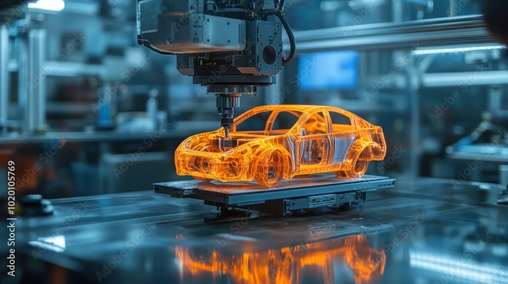 Aufkleber a 3d printer is working on a car part layer by layer in a state-of-the-art workshop, demonstrating t