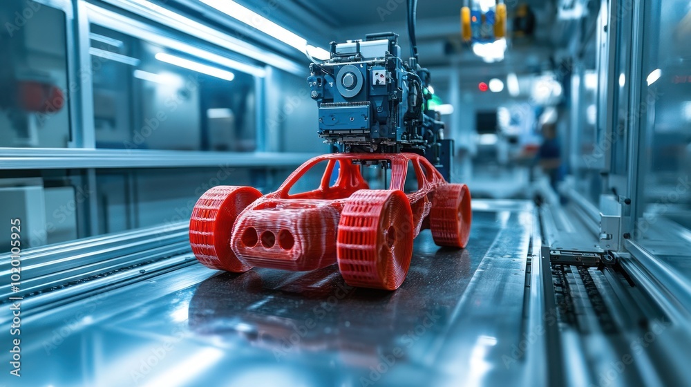 Poster a 3d printer is working on a car part layer by layer in a state-of-the-art workshop, demonstrating t