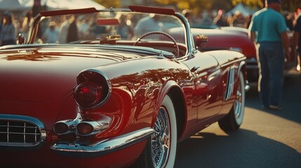 A vintage car show at a classic car festival. People walk around and take pictures with various designs of cars in a classic atmosphere."
