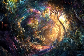 A surreal jungle landscape where realistic plants blend into abstract, swirling shapes of color and light
