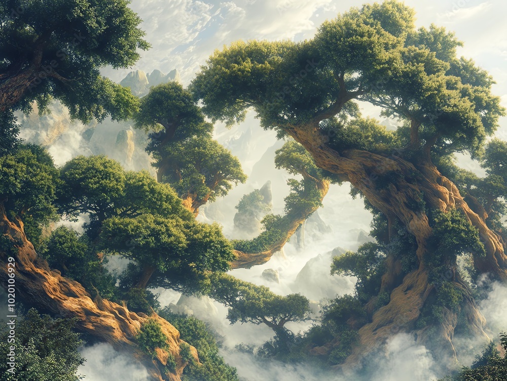 Poster A surreal landscape where trees and plants blend with abstract shapes, creating a fusion of nature and fantasy