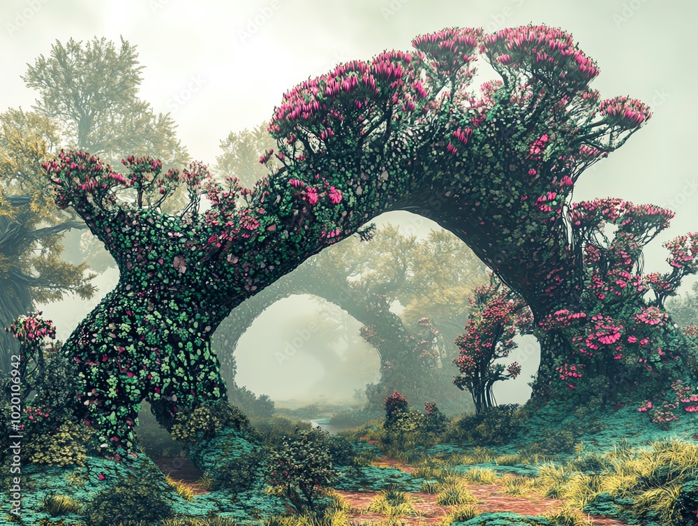 Poster A surreal landscape where trees and plants blend with abstract shapes, creating a fusion of nature and fantasy
