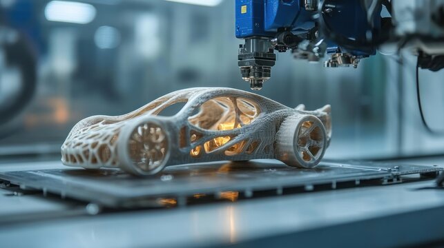 A 3D-printed car part undergoing testing, demonstrating its durability and fit as it is assembled into a vehicle assembly."