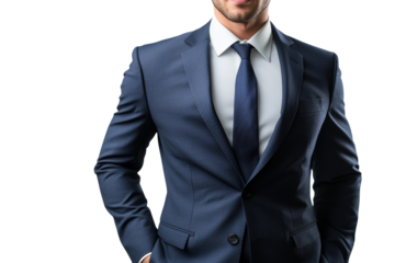 Confident man in a tailored suit with a tie, posing against a white background.