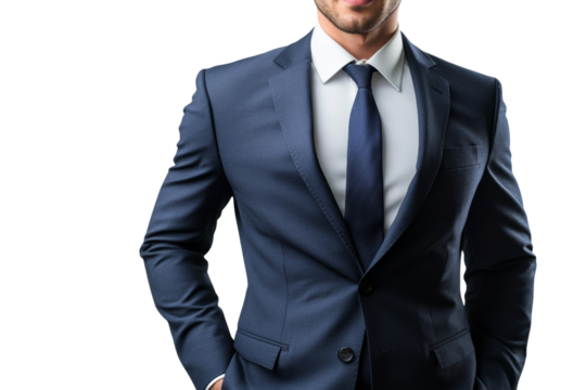 Confident man in a tailored suit with a tie, posing against a white background.