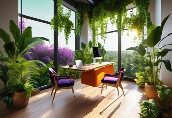 Fototapeta premium tranquil office environment featuring lush greenery colorful foliage bright natural light streaming through large windows, workspace, nature, plants, desk