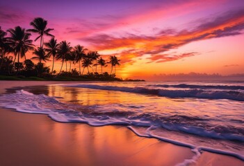 enchanting sunset beach scene featuring calming waves serene coastal vistas ideal romantic getaways, horizon, ocean, sand, landscape, sky, clouds, reflections